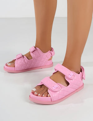 Maeve Wide Fit Pink PU Quilted Flat Sandals