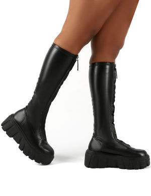 Quest Black Zip Up Chunky Sole Knee High Boots
