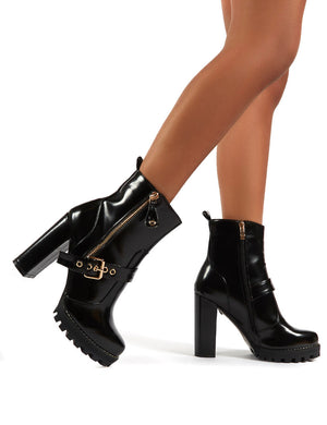Tiki Blac Patent Rose Gold Buckle Detail High Heeled Ankle Boots