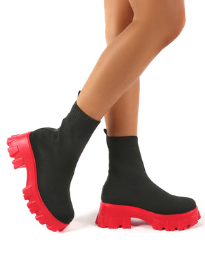 Trust Black and Red Chunky Platform Sole Sock Ankle Boots