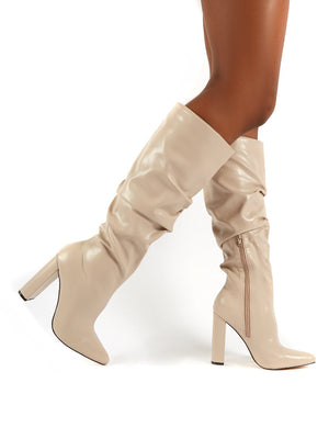 Yours Taupe PU Patent Heeled Knee High Block Boots