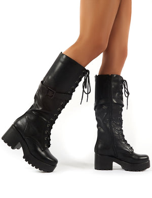 Melody Black Lace Up Chunky Heeled Knee High Boots
