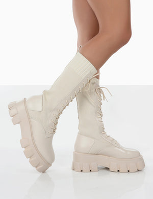 Hudson Putty PU Lace Up Chunky Knee High Boots