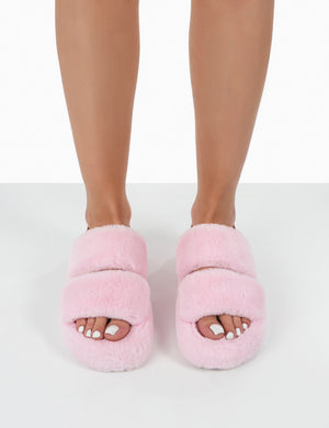 Bed Time Pink Faux Fur Fluffy Strappy Slingback Slippers