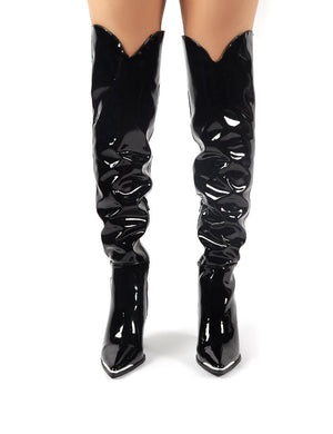 Honor Black Patent Western Block Heeled Knee High Boots