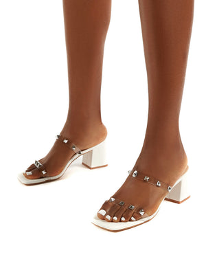 Forever White Square Toe Studded Strap PU Block Heel Mule Sandals