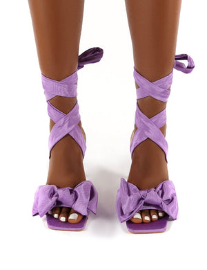Girly Lilac Square Toe Bow Detail Lace Up Heels