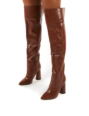 Hometown Wide Fit Tan Croc Over The Knee Heeled Boots