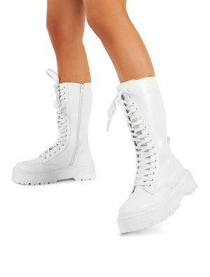 Kendall White PU Lace Up Chunky Knee High Boots