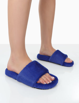 Namaste Blue Fluffy Faux Fur Slippers
