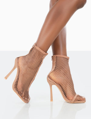 Leo Nude Mesh Netted Square Toe Stiletto Heeled Boots