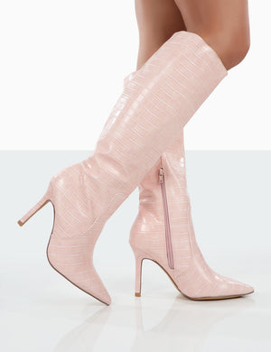 Rosalie Wide Fit Pink Croc Heeled Pointed Toe Knee High Boots