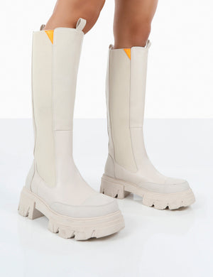 Kenza X Public Desire Survive White Pu Chunky Sole Orange Upper Knee High Boots