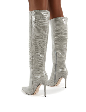 Aimi Grey Croc Knee High Stiletto Heel Boots