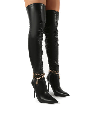 Cherri Black Thigh High Padlock Chain Detail Stiletto Heeled Boots