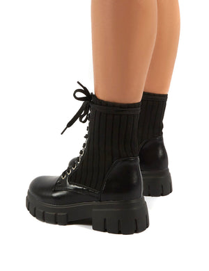 Asta Black Chunky Sole Knitted Detail Lace Up Ankle Boots