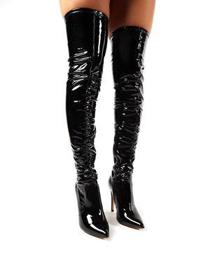 Ruthless Over the Knee Boots in Black Patent