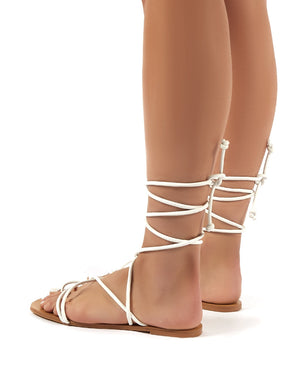 Sunset White Strappy Lace Up Flat Sandals