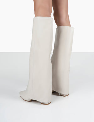 Zendaya Ecru Pointed Toe Knee High Boots