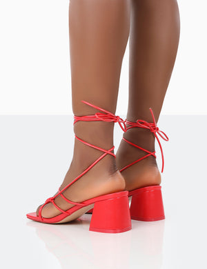 Fanatic Red PU Square Toe Lace Up Block Mid Heeled Sandals