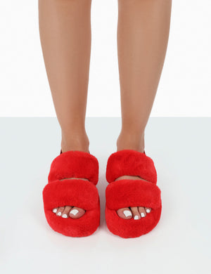 Bed Time Red Faux Fur Fluffy Strappy Slingback Slippers