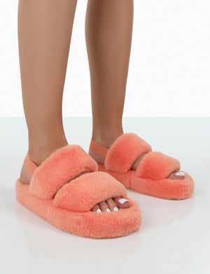 Bed Time Orange Faux Fur Fluffy Strappy Slingback Slippers