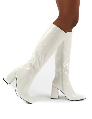 Apology White Patent Knee High Block Heel Boots