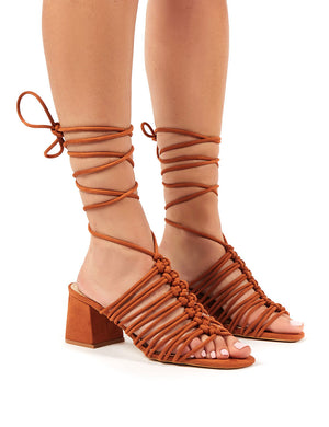 Bali Tan Faux Suede Lace up Mid Heel
