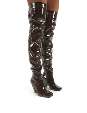 Conquer Chocolate Patent Thigh High Over The Knee Square Toe Cone Block Heeled Boots