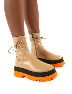 Finale Camel Pu Multi Chunky Sole Ankle Wrap Boots