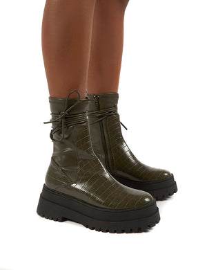Finale Olive Chunky Sole Ankle Wrap Chunky Sole Boots