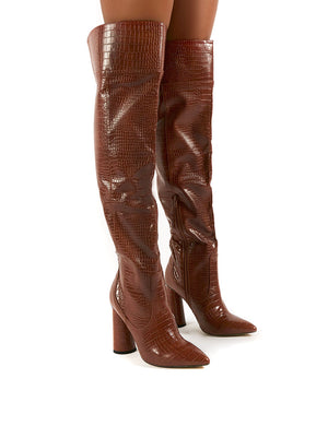 Hometown Wide Fit Tan Croc Over The Knee Heeled Boots