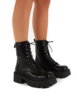 Leader Black Lace Up Chunky Sole Biker Boots