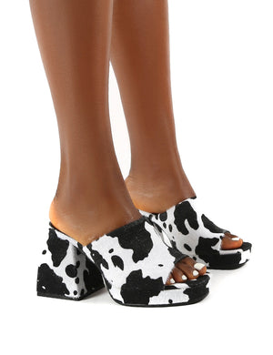 Oreo Cow Print Wide Fit Chunky Heel Mules