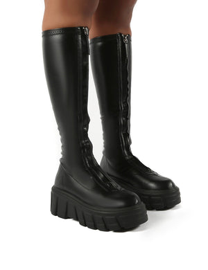 Quest Black Zip Up Chunky Sole Knee High Boots