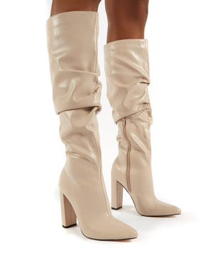 Yours Taupe PU Patent Heeled Knee High Block Boots