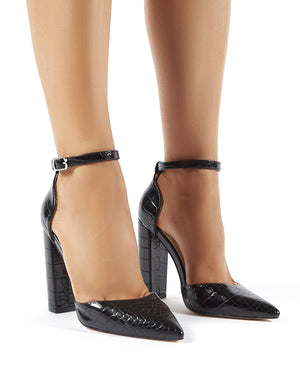 Sofia Wide Fit Black Croc Pointed Block Heels