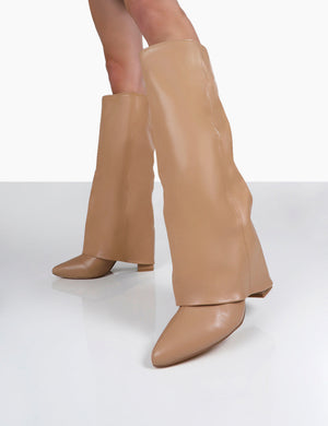 Zendaya Nude Pointed Toe Knee High Boots