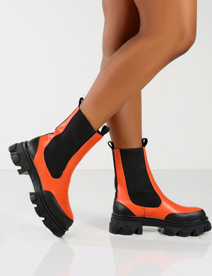 Amber x Public Desire Wonder Orange PU Chunky Sole Ankle Boot