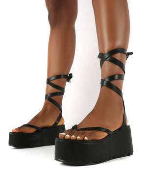 Amber x Public Desire Geisha Black PU Tie Up Thong Strap Flatform Sandals