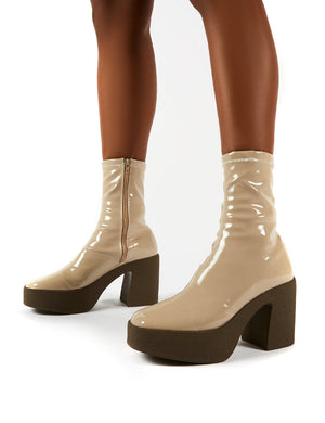 Jade Nude PU Block Heeled Ankle Boots