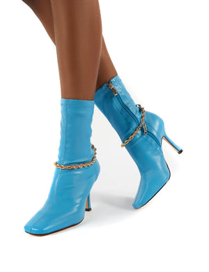 Sacci Blue Wide Fit Chain Detail Square Toe Stiletto Heel Ankle Boots