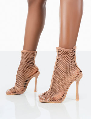 Leo Nude Mesh Netted Square Toe Stiletto Heeled Boots