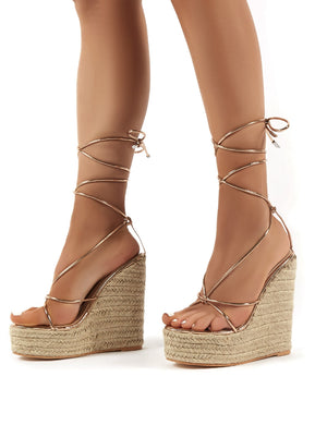 Luciana Rose Gold Lace Up Espadrille Wedge Heeled Sandals