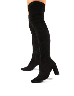 Scorch Black Faux Suede Over the Knee Heeled Boots