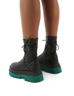 Finale Black Pu Green Chunky Sole Ankle Wrap Boots