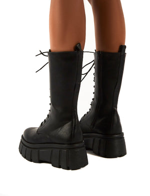 Jena Black Calf High Lace Up Chunky Sole Boots