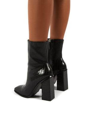 Slick Black Croc Square Toe Block Heeled Ankle Boots