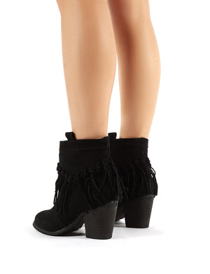 Jossa Black Faux Suede Fringed Heeled Western Ankle Boots