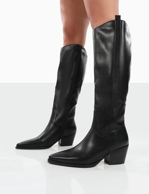 Texas Black PU Knee High Pointed Toe Heeled Western Cowboy Boots